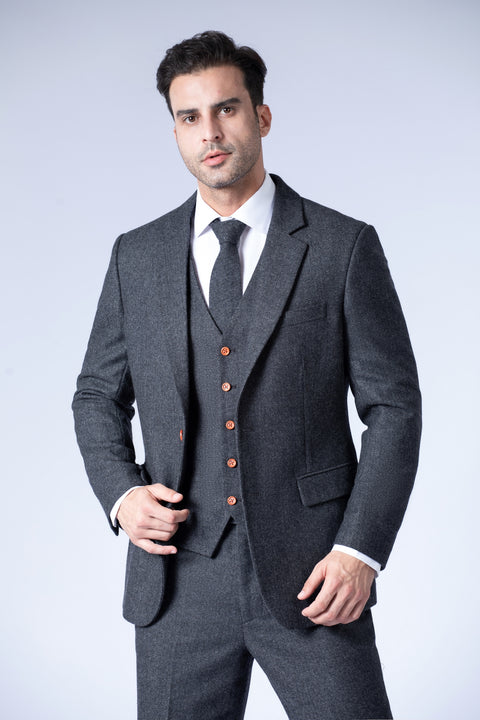 Charcoal Grey Herringbone Tweed 3 Piece Suit – Empire Outlet